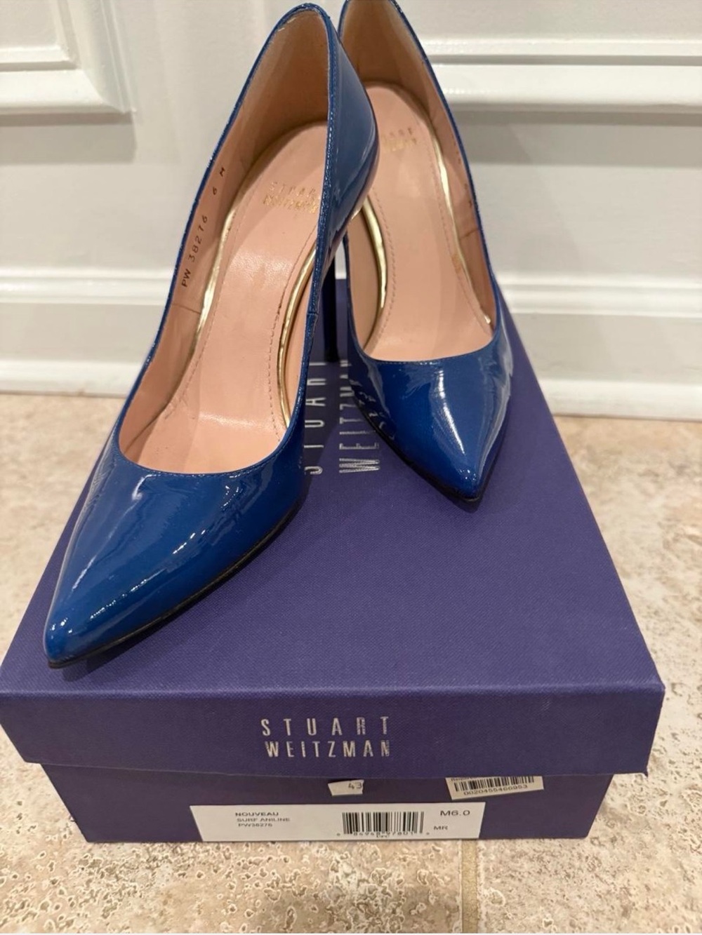 Stuart Weitzman Cobalt Patent Pointed-Toe Pumps